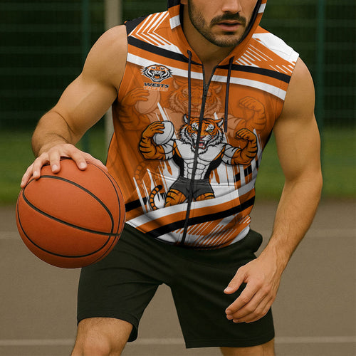Wests Tigers Rugby Mascot Sleeveless Zip Hoodie Fierce Athlete Graphic in Sports Style