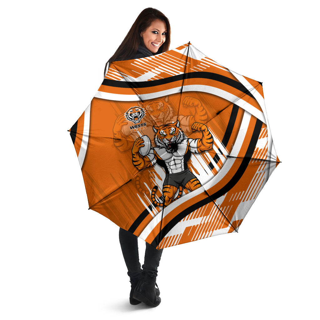 Wests Tigers Rugby Mascot Umbrella Fierce Athlete Graphic in Sports Style