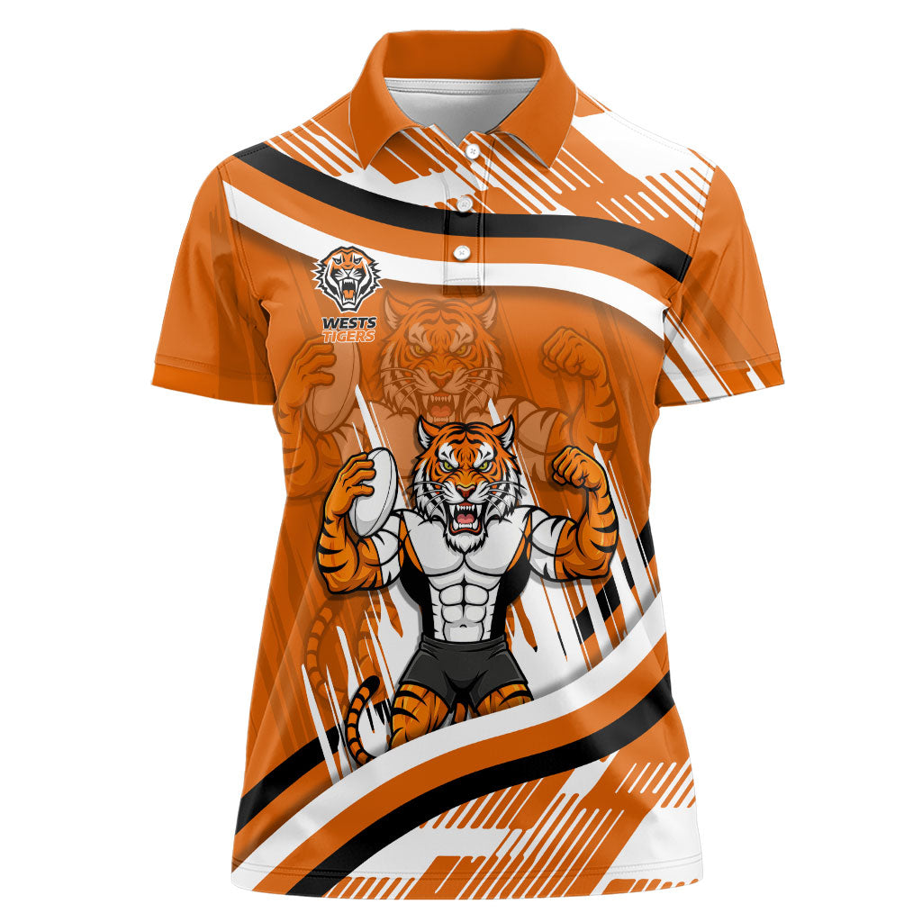 Wests Tigers Rugby Mascot Women Polo Shirt Fierce Athlete Graphic in Sports Style