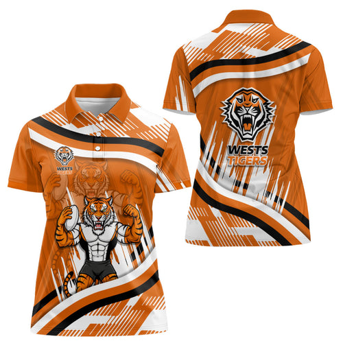 Wests Tigers Rugby Mascot Women Polo Shirt Fierce Athlete Graphic in Sports Style
