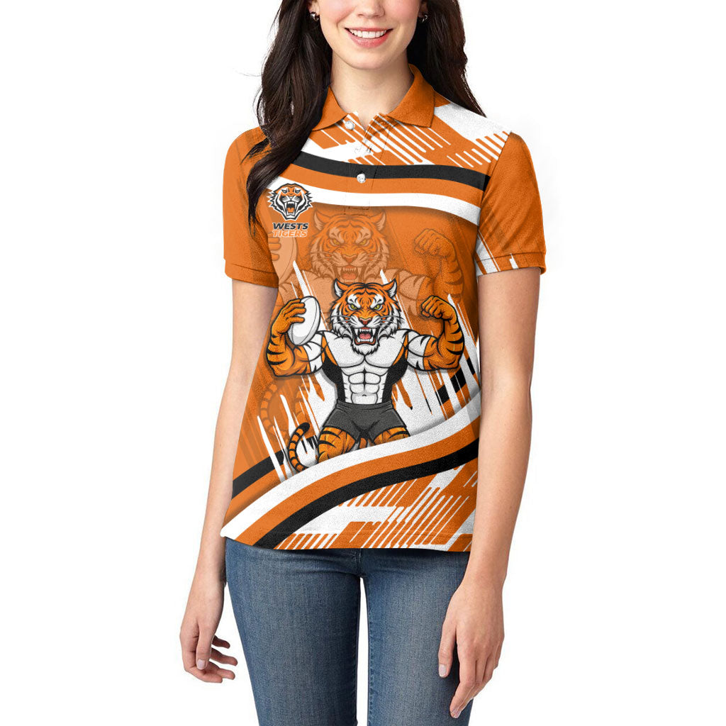 Wests Tigers Rugby Mascot Women Polo Shirt Fierce Athlete Graphic in Sports Style