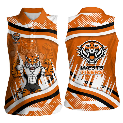 Wests Tigers Rugby Mascot Women Sleeveless Polo Shirt Fierce Athlete Graphic in Sports Style