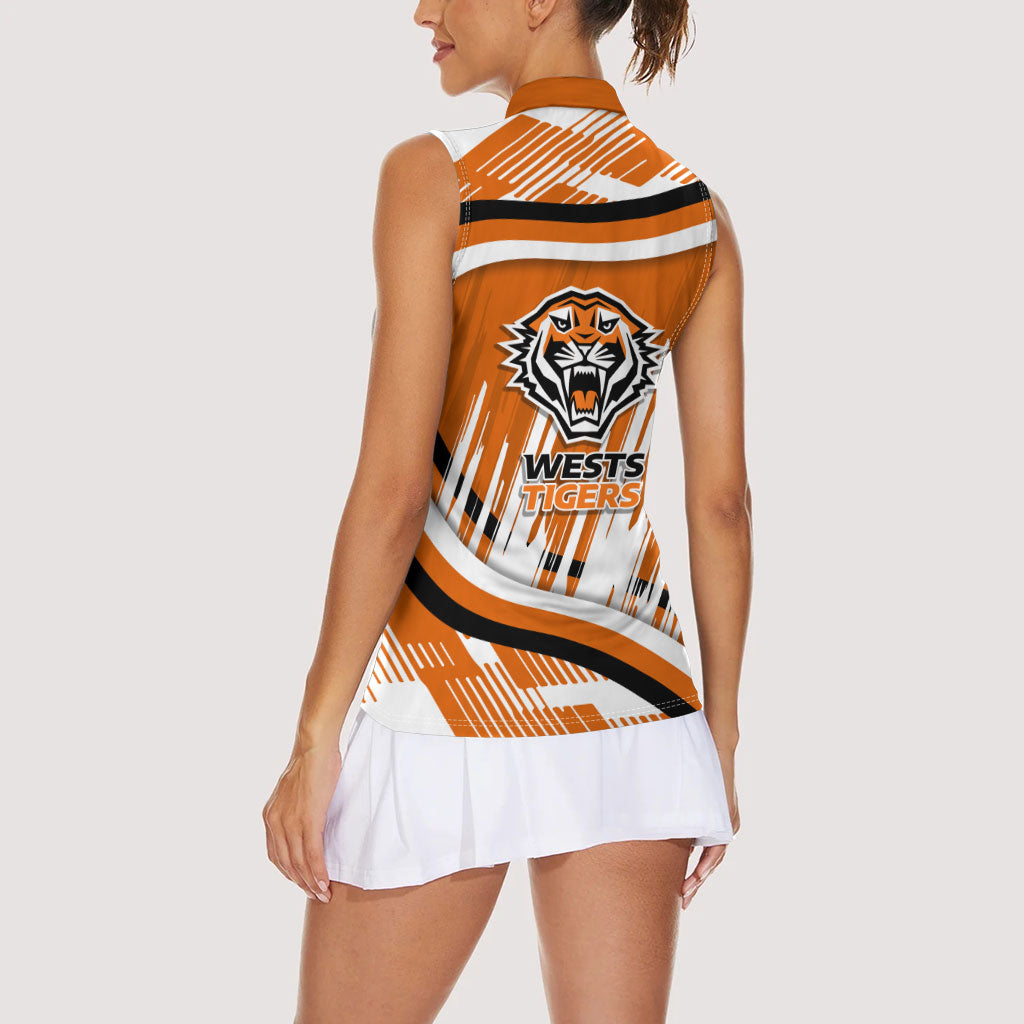 Wests Tigers Rugby Mascot Women Sleeveless Polo Shirt Fierce Athlete Graphic in Sports Style