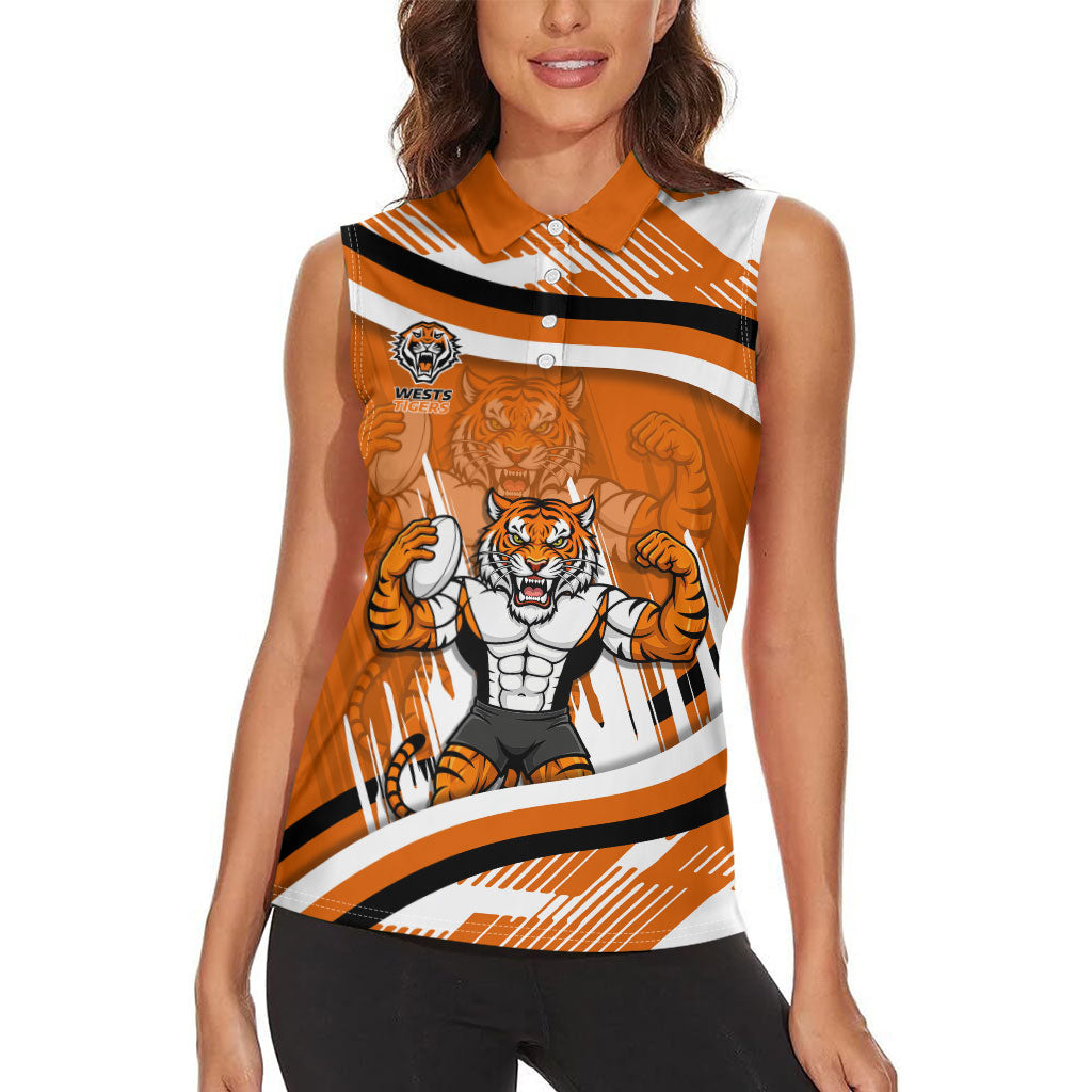 Wests Tigers Rugby Mascot Women Sleeveless Polo Shirt Fierce Athlete Graphic in Sports Style