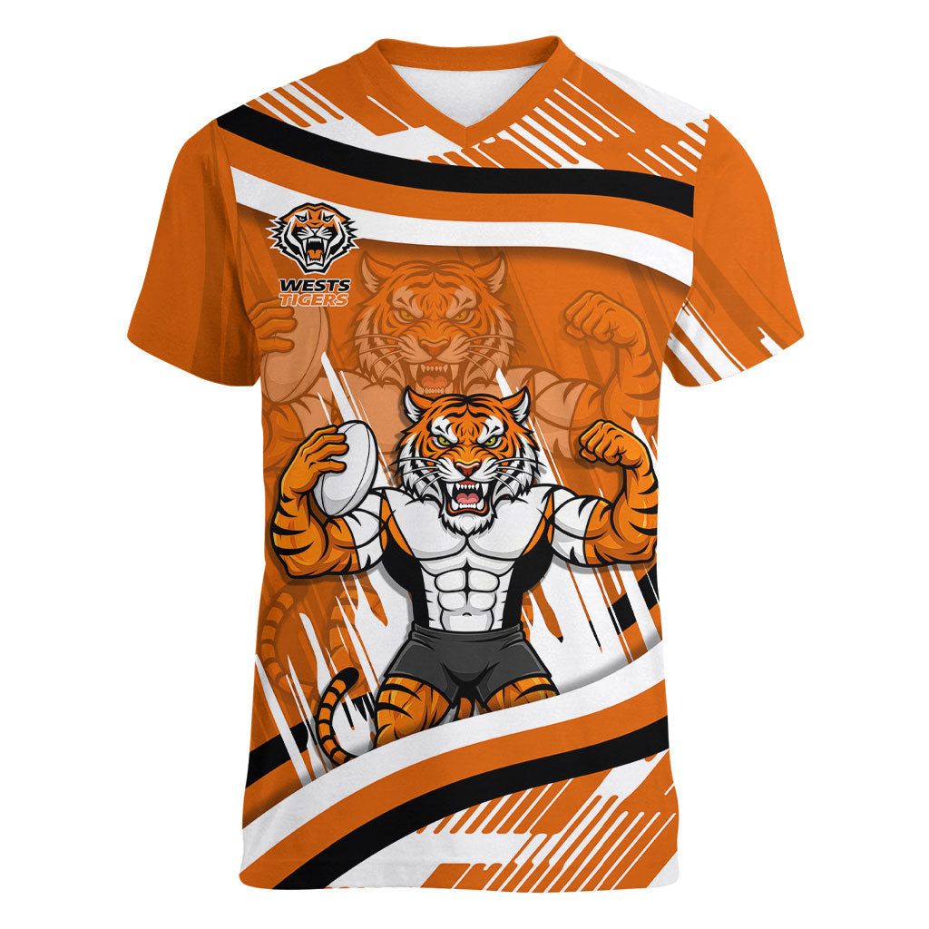 Wests Tigers Rugby Mascot Women V-Neck T-Shirt Fierce Athlete Graphic in Sports Style