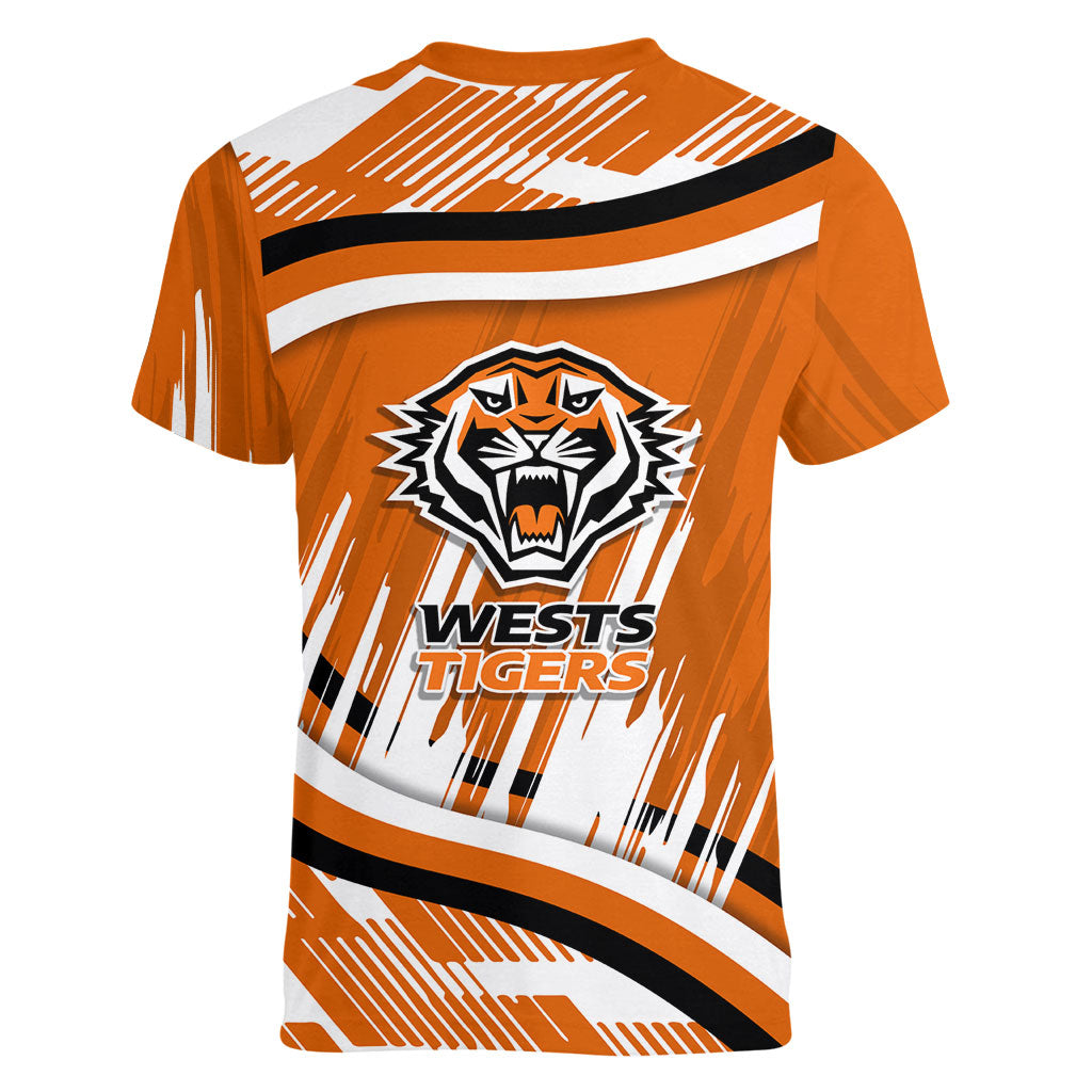Wests Tigers Rugby Mascot Women V-Neck T-Shirt Fierce Athlete Graphic in Sports Style