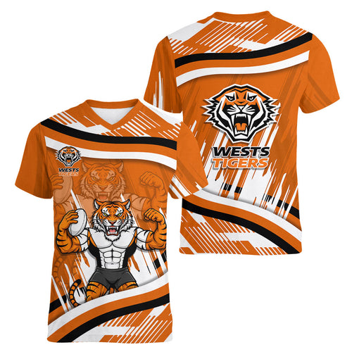 Wests Tigers Rugby Mascot Women V-Neck T-Shirt Fierce Athlete Graphic in Sports Style