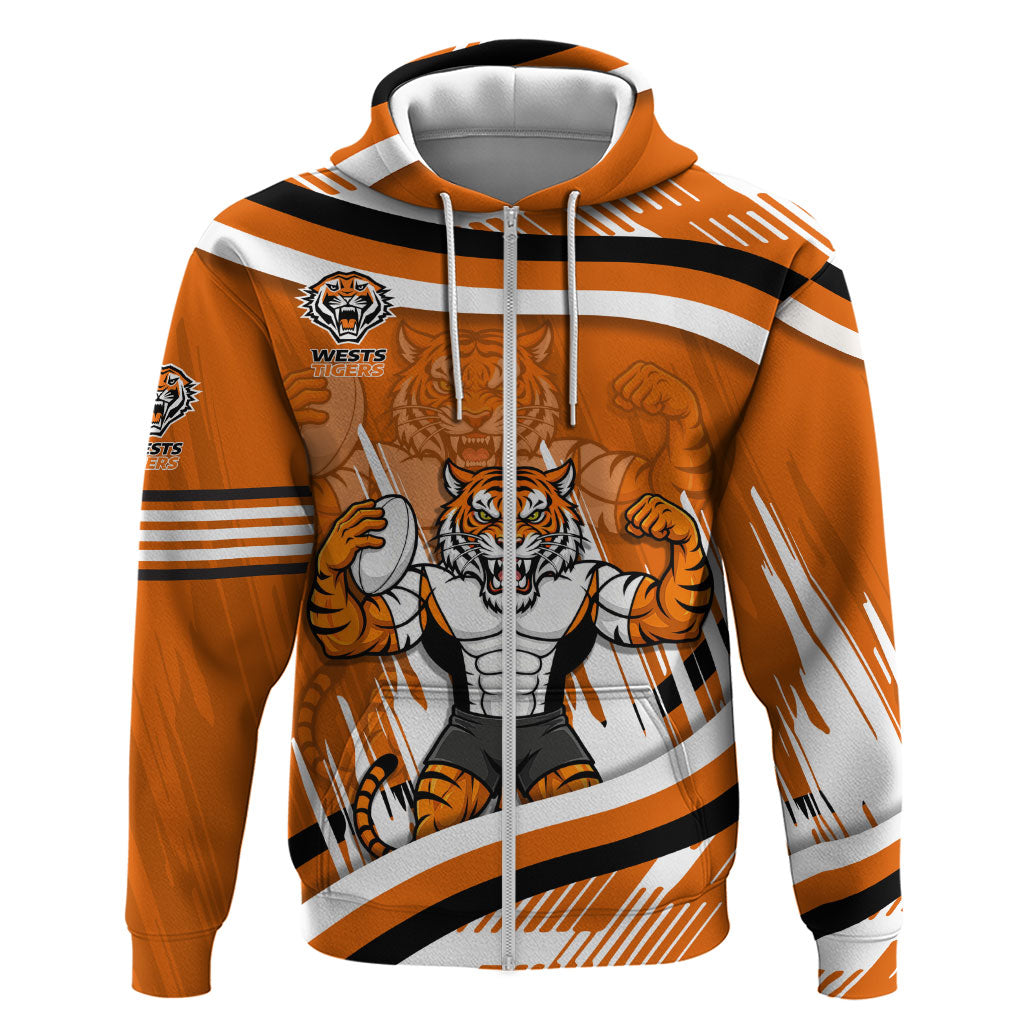 Wests Tigers Rugby Mascot Zip Hoodie Fierce Athlete Graphic in Sports Style