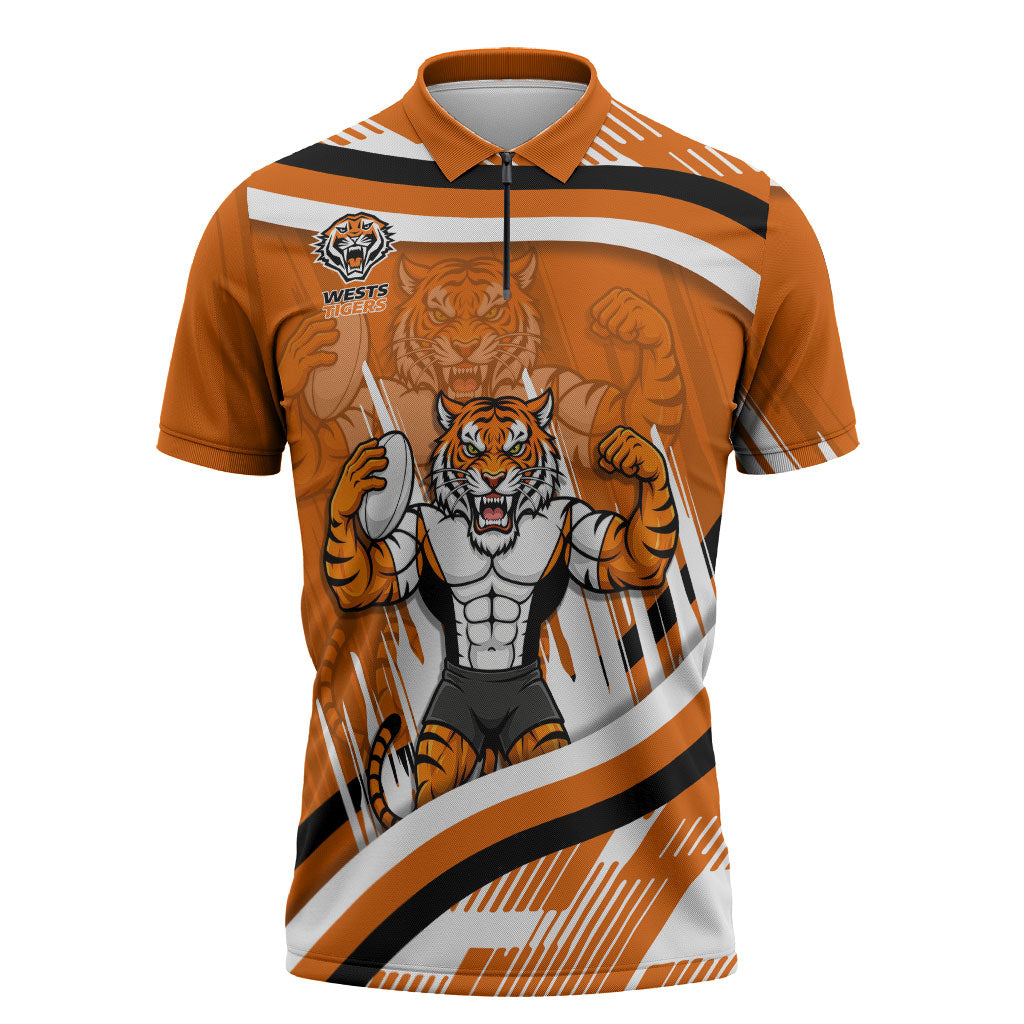 Wests Tigers Rugby Mascot Zipper Polo Shirt Fierce Athlete Graphic in Sports Style