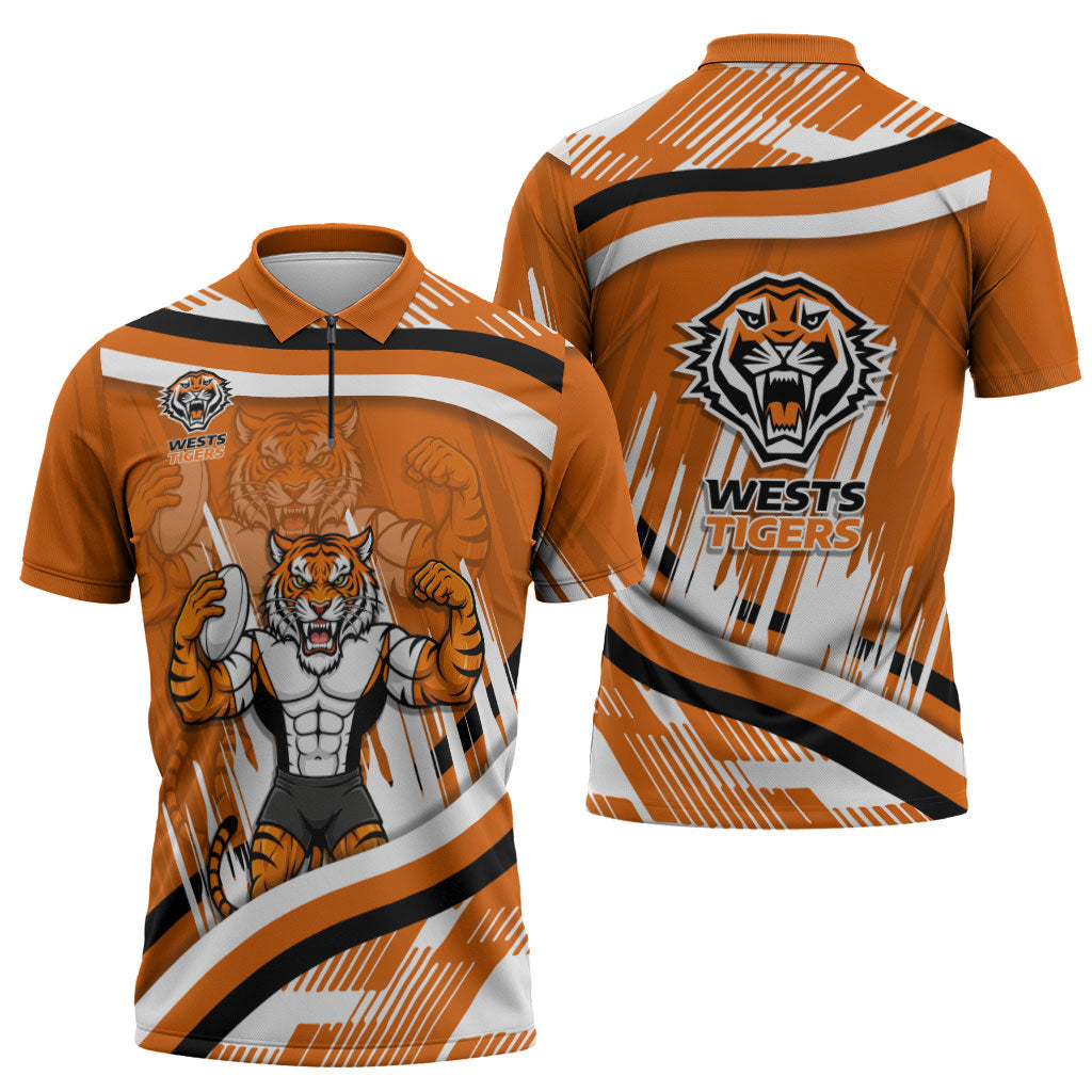 Wests Tigers Rugby Mascot Zipper Polo Shirt Fierce Athlete Graphic in Sports Style