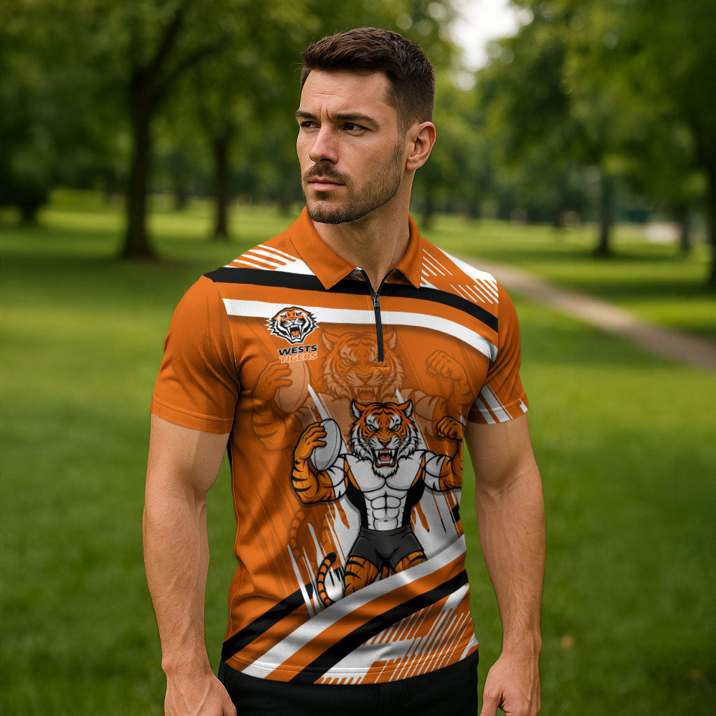 Wests Tigers Rugby Mascot Zipper Polo Shirt Fierce Athlete Graphic in Sports Style