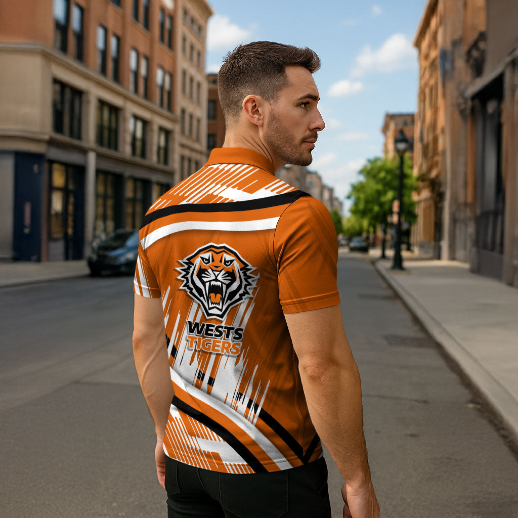 Wests Tigers Rugby Mascot Zipper Polo Shirt Fierce Athlete Graphic in Sports Style