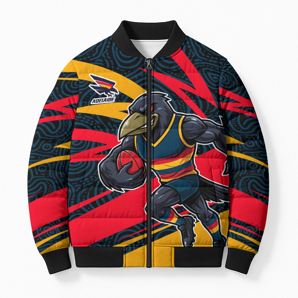 Adelaide Crows Australian Football Bomber Puffer Jacket Fierce Mascot Spirit With Indigenous Pattern Art