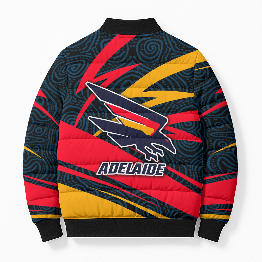 Adelaide Crows Australian Football Bomber Puffer Jacket Fierce Mascot Spirit With Indigenous Pattern Art
