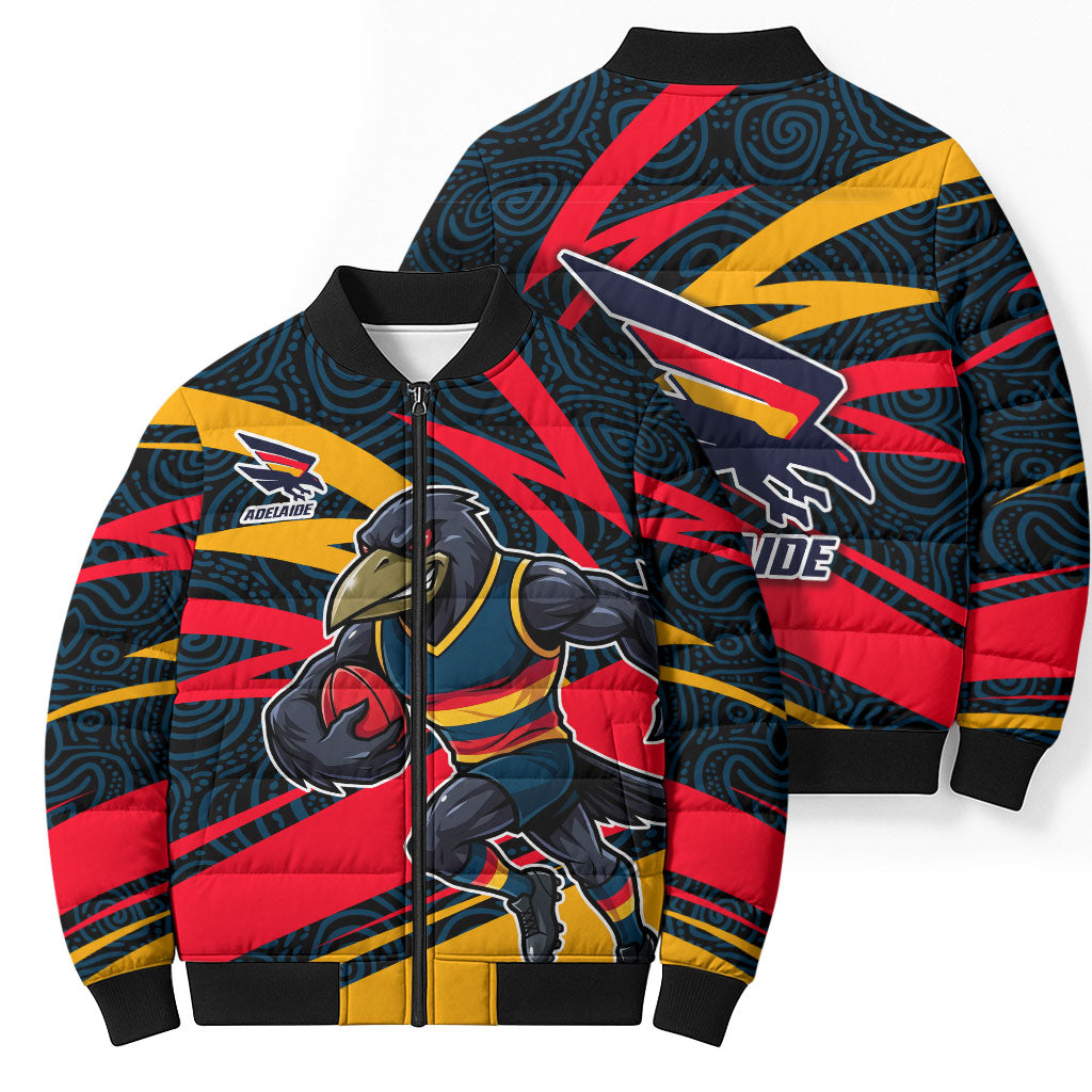 Adelaide Crows Australian Football Bomber Puffer Jacket Fierce Mascot Spirit With Indigenous Pattern Art