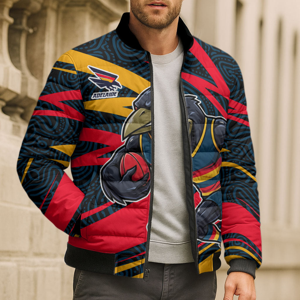 Adelaide Crows Australian Football Bomber Puffer Jacket Fierce Mascot Spirit With Indigenous Pattern Art