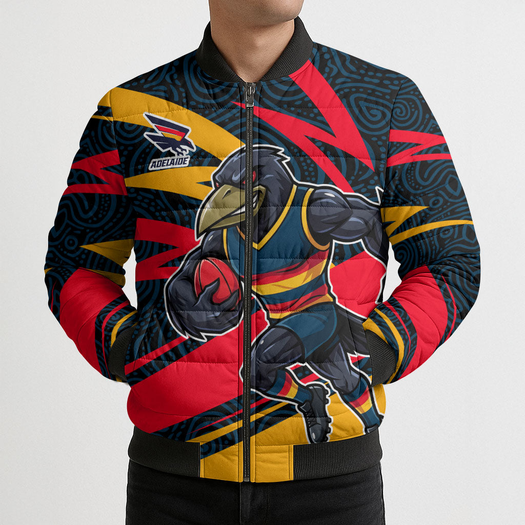 Adelaide Crows Australian Football Bomber Puffer Jacket Fierce Mascot Spirit With Indigenous Pattern Art