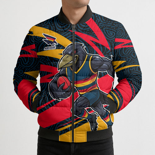 Adelaide Crows Australian Football Bomber Puffer Jacket Fierce Mascot Spirit With Indigenous Pattern Art