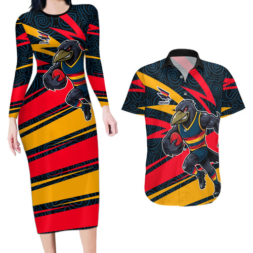Adelaide Crows Australian Football Couples Matching Long Sleeve Bodycon Dress and Hawaiian Shirt Fierce Mascot Spirit With Indigenous Pattern Art