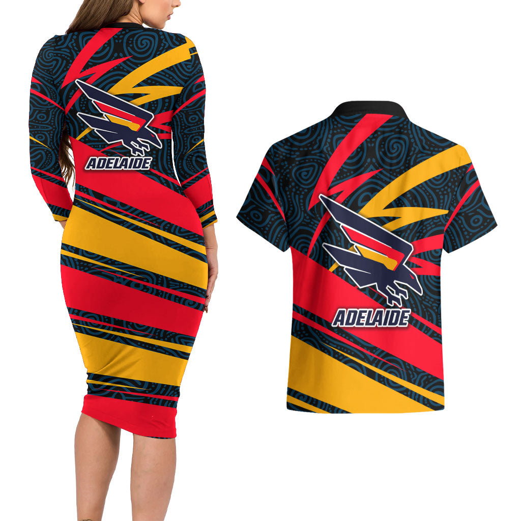 Adelaide Crows Australian Football Couples Matching Long Sleeve Bodycon Dress and Hawaiian Shirt Fierce Mascot Spirit With Indigenous Pattern Art