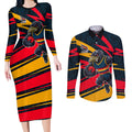 Adelaide Crows Australian Football Couples Matching Long Sleeve Bodycon Dress and Long Sleeve Button Shirt Fierce Mascot Spirit With Indigenous Pattern Art
