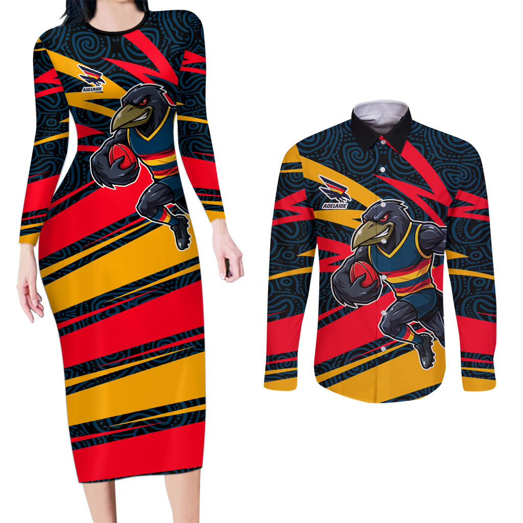 Adelaide Crows Australian Football Couples Matching Long Sleeve Bodycon Dress and Long Sleeve Button Shirt Fierce Mascot Spirit With Indigenous Pattern Art