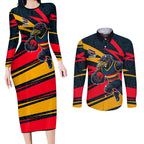 Adelaide Crows Australian Football Couples Matching Long Sleeve Bodycon Dress and Long Sleeve Button Shirt Fierce Mascot Spirit With Indigenous Pattern Art
