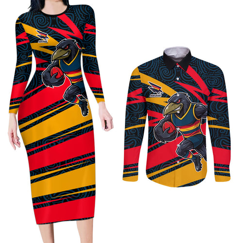 Adelaide Crows Australian Football Couples Matching Long Sleeve Bodycon Dress and Long Sleeve Button Shirt Fierce Mascot Spirit With Indigenous Pattern Art