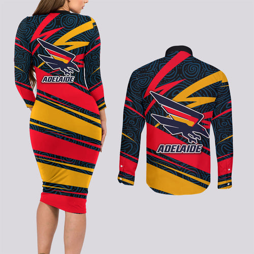 Adelaide Crows Australian Football Couples Matching Long Sleeve Bodycon Dress and Long Sleeve Button Shirt Fierce Mascot Spirit With Indigenous Pattern Art