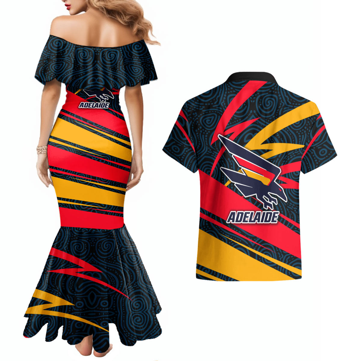 Adelaide Crows Australian Football Couples Matching Mermaid Dress and Hawaiian Shirt Fierce Mascot Spirit With Indigenous Pattern Art