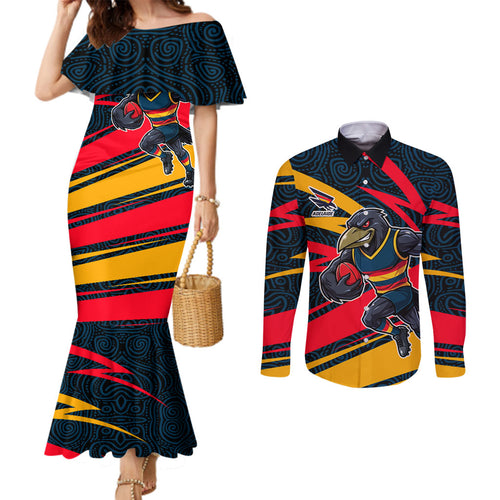 Adelaide Crows Australian Football Couples Matching Mermaid Dress and Long Sleeve Button Shirt Fierce Mascot Spirit With Indigenous Pattern Art