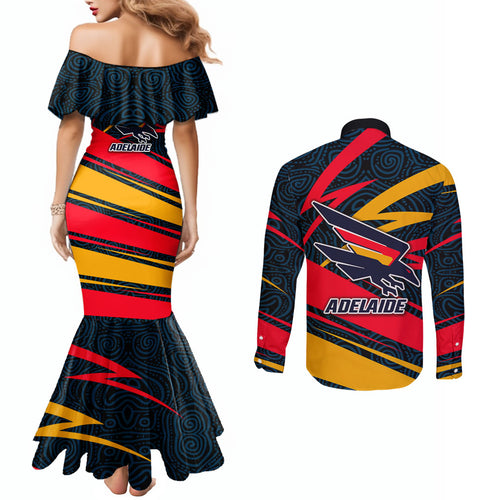 Adelaide Crows Australian Football Couples Matching Mermaid Dress and Long Sleeve Button Shirt Fierce Mascot Spirit With Indigenous Pattern Art