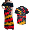 Adelaide Crows Australian Football Couples Matching Off Shoulder Maxi Dress and Hawaiian Shirt Fierce Mascot Spirit With Indigenous Pattern Art