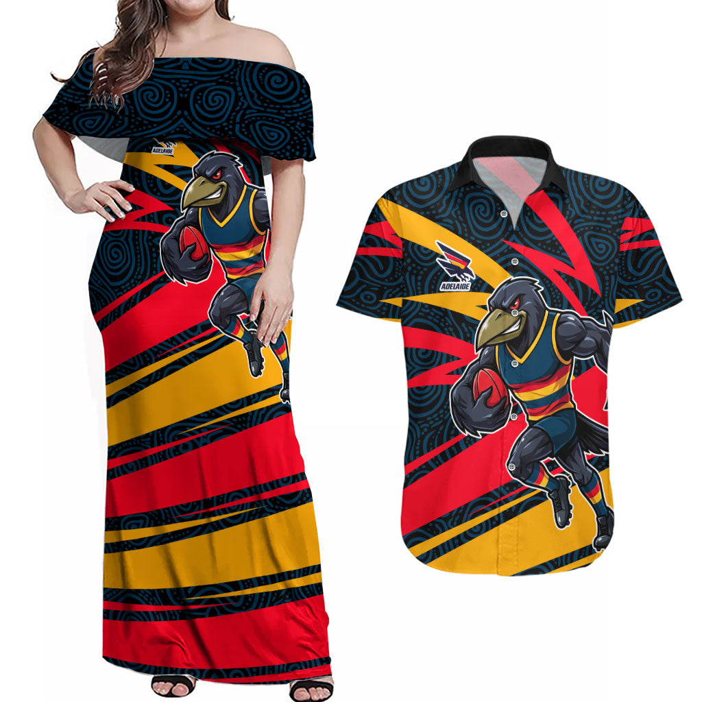 Adelaide Crows Australian Football Couples Matching Off Shoulder Maxi Dress and Hawaiian Shirt Fierce Mascot Spirit With Indigenous Pattern Art