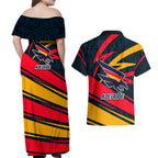 Adelaide Crows Australian Football Couples Matching Off Shoulder Maxi Dress and Hawaiian Shirt Fierce Mascot Spirit With Indigenous Pattern Art