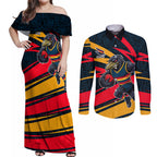 Adelaide Crows Australian Football Couples Matching Off Shoulder Maxi Dress and Long Sleeve Button Shirt Fierce Mascot Spirit With Indigenous Pattern Art