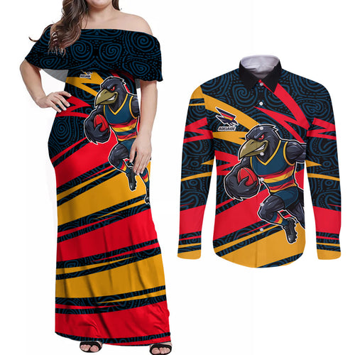 Adelaide Crows Australian Football Couples Matching Off Shoulder Maxi Dress and Long Sleeve Button Shirt Fierce Mascot Spirit With Indigenous Pattern Art
