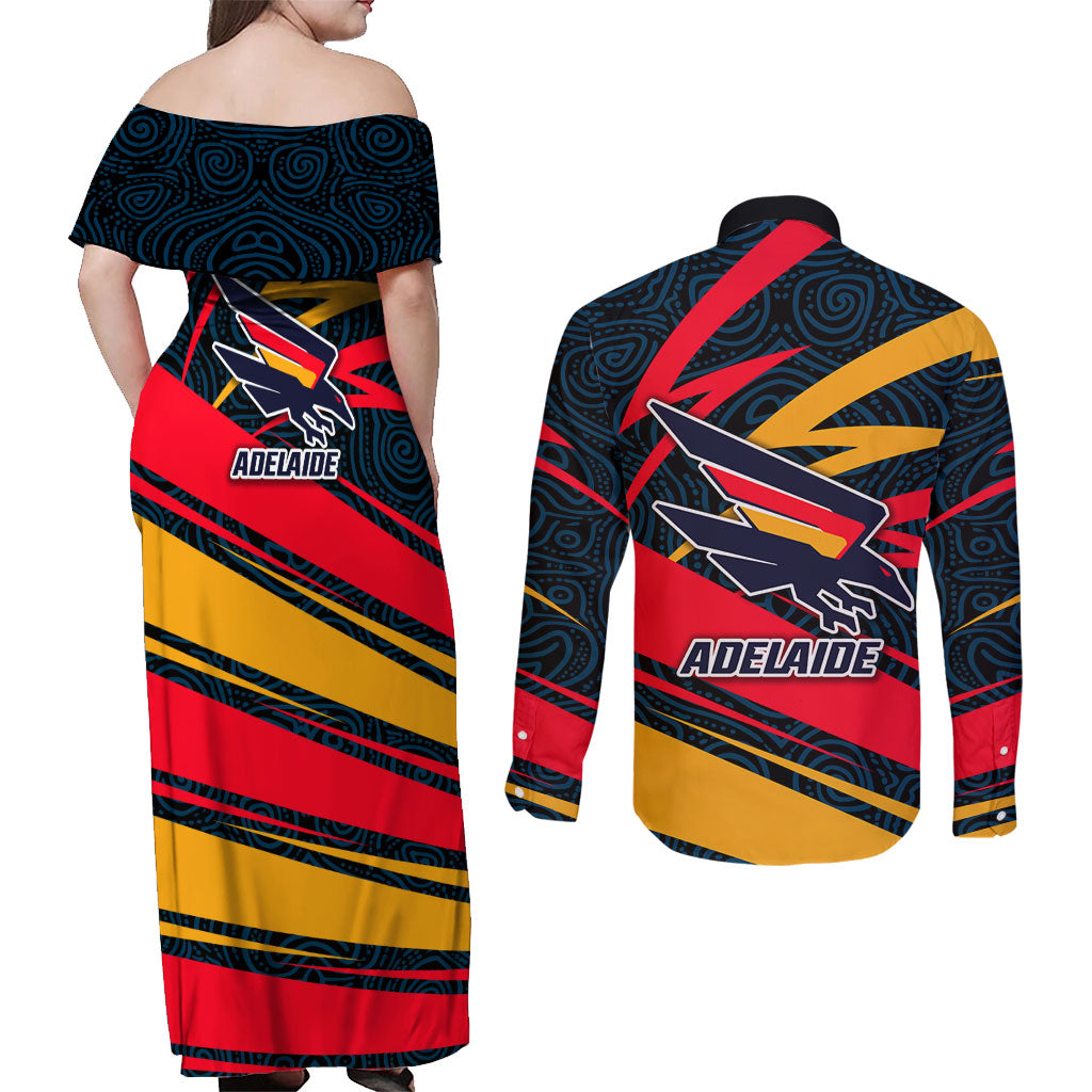 Adelaide Crows Australian Football Couples Matching Off Shoulder Maxi Dress and Long Sleeve Button Shirt Fierce Mascot Spirit With Indigenous Pattern Art