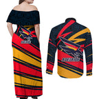 Adelaide Crows Australian Football Couples Matching Off Shoulder Maxi Dress and Long Sleeve Button Shirt Fierce Mascot Spirit With Indigenous Pattern Art