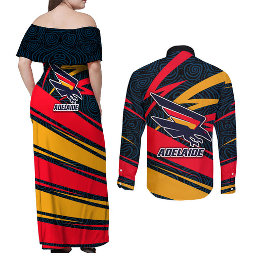 Adelaide Crows Australian Football Couples Matching Off Shoulder Maxi Dress and Long Sleeve Button Shirt Fierce Mascot Spirit With Indigenous Pattern Art