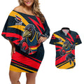 Adelaide Crows Australian Football Couples Matching Off Shoulder Short Dress and Hawaiian Shirt Fierce Mascot Spirit With Indigenous Pattern Art