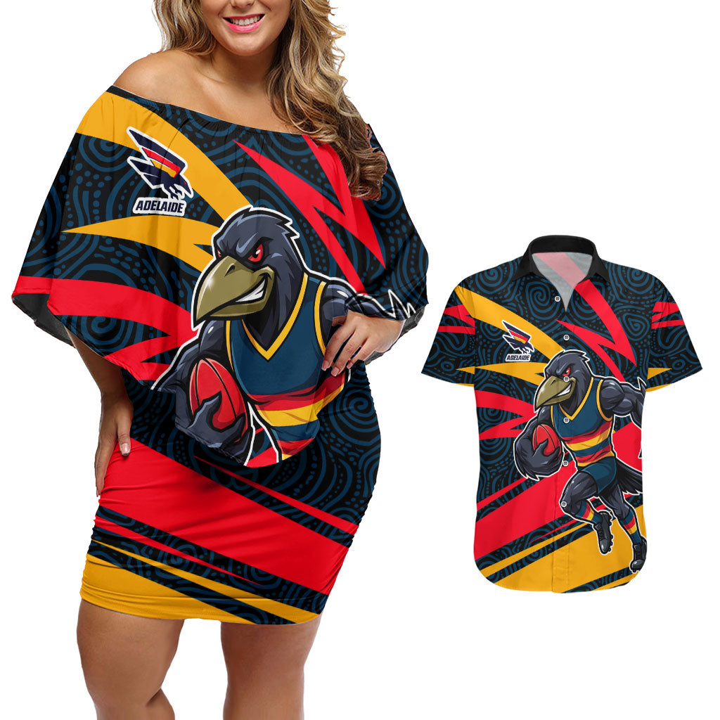 Adelaide Crows Australian Football Couples Matching Off Shoulder Short Dress and Hawaiian Shirt Fierce Mascot Spirit With Indigenous Pattern Art