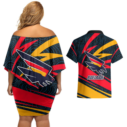 Adelaide Crows Australian Football Couples Matching Off Shoulder Short Dress and Hawaiian Shirt Fierce Mascot Spirit With Indigenous Pattern Art