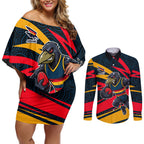 Adelaide Crows Australian Football Couples Matching Off Shoulder Short Dress and Long Sleeve Button Shirt Fierce Mascot Spirit With Indigenous Pattern Art