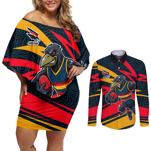 Adelaide Crows Australian Football Couples Matching Off Shoulder Short Dress and Long Sleeve Button Shirt Fierce Mascot Spirit With Indigenous Pattern Art