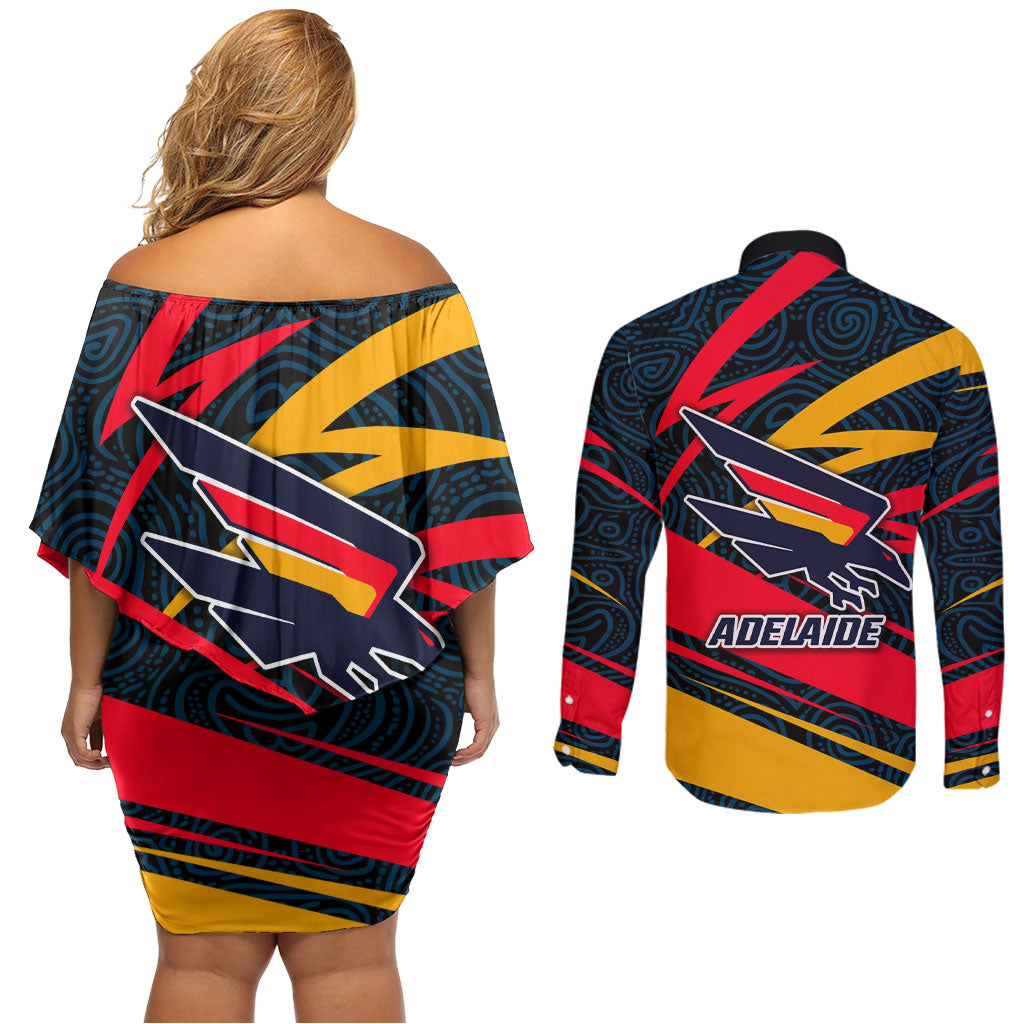 Adelaide Crows Australian Football Couples Matching Off Shoulder Short Dress and Long Sleeve Button Shirt Fierce Mascot Spirit With Indigenous Pattern Art