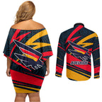 Adelaide Crows Australian Football Couples Matching Off Shoulder Short Dress and Long Sleeve Button Shirt Fierce Mascot Spirit With Indigenous Pattern Art