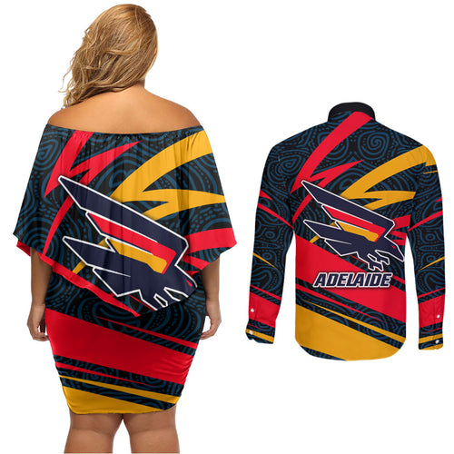 Adelaide Crows Australian Football Couples Matching Off Shoulder Short Dress and Long Sleeve Button Shirt Fierce Mascot Spirit With Indigenous Pattern Art