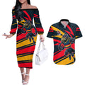 Adelaide Crows Australian Football Couples Matching Off The Shoulder Long Sleeve Dress and Hawaiian Shirt Fierce Mascot Spirit With Indigenous Pattern Art