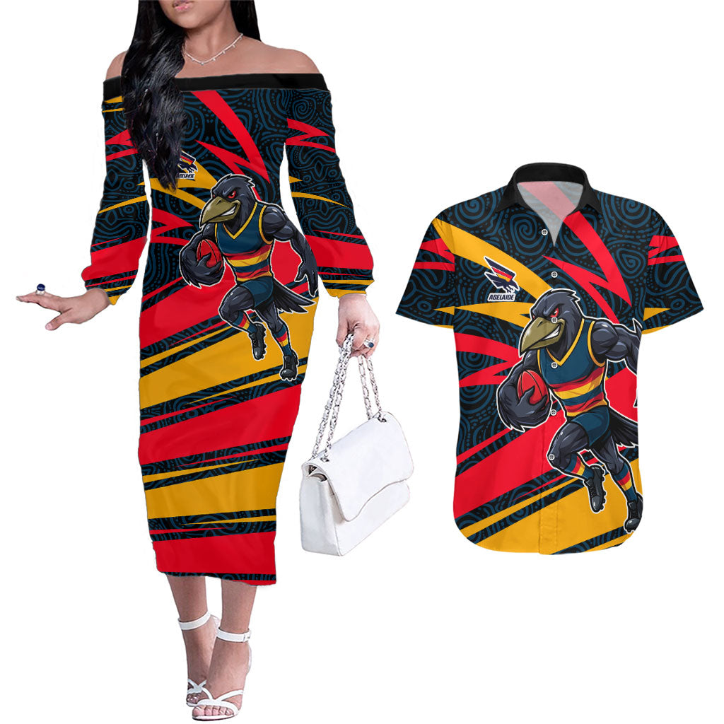 Adelaide Crows Australian Football Couples Matching Off The Shoulder Long Sleeve Dress and Hawaiian Shirt Fierce Mascot Spirit With Indigenous Pattern Art